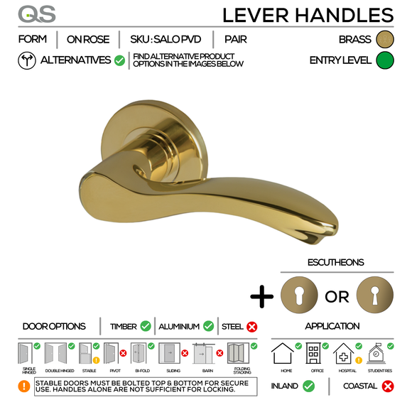 SALO Complete Key PVD Lockset, Lever Handles, Form, On Round Rose, With Escutcheons, Satin Brass, 3 Lever Sash Lock, QS