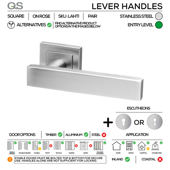 LAHTI Complete Lockset 3SS, Lever Handles, Square, On Square Rose, With Escutcheons, Stainless Steel, Cylinder Sash Lock & Euro Cylinder Set, QS