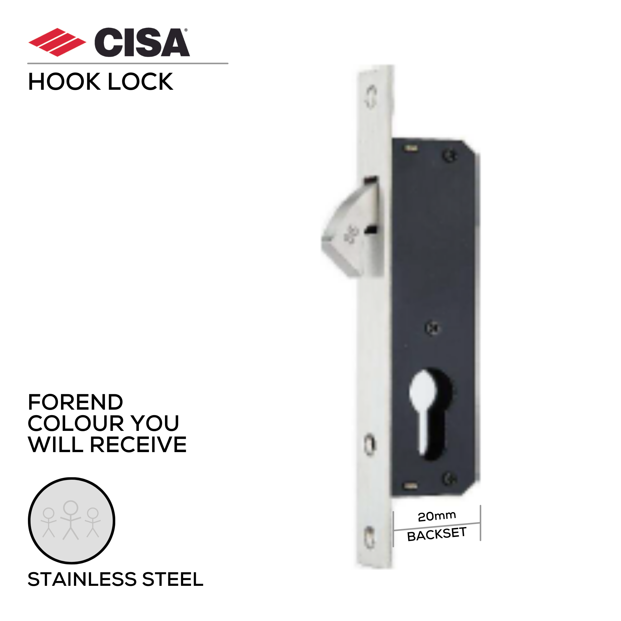 HL20-20-20, Hook Lock, Euro Cylinder, Excluding Cylinder, 20mm (Backset), Stainless Steel, CISA