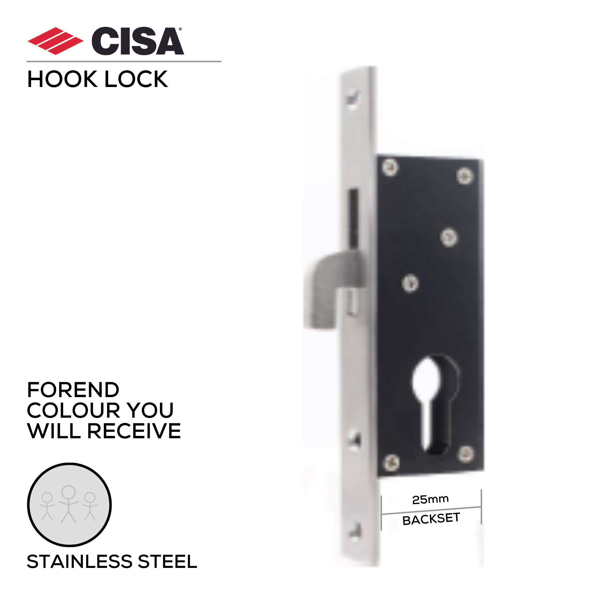 HL25-25-20, Hook Lock, Euro Cylinder, Excluding Cylinder, 25mm (Backset), Stainless Steel, CISA