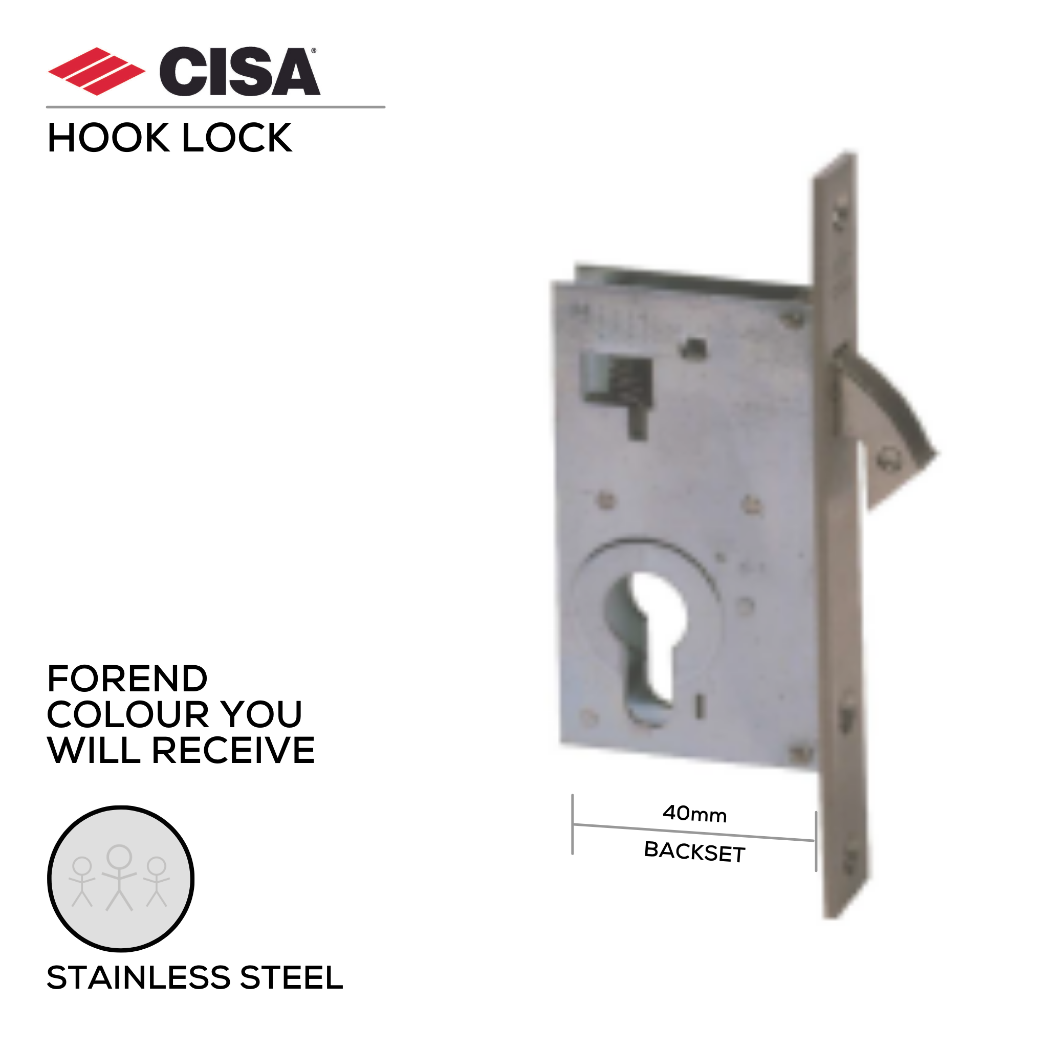 HL40-40-20, Hook Lock, Euro Cylinder, Excluding Cylinder, 40mm (Backset), Stainless Steel, CISA