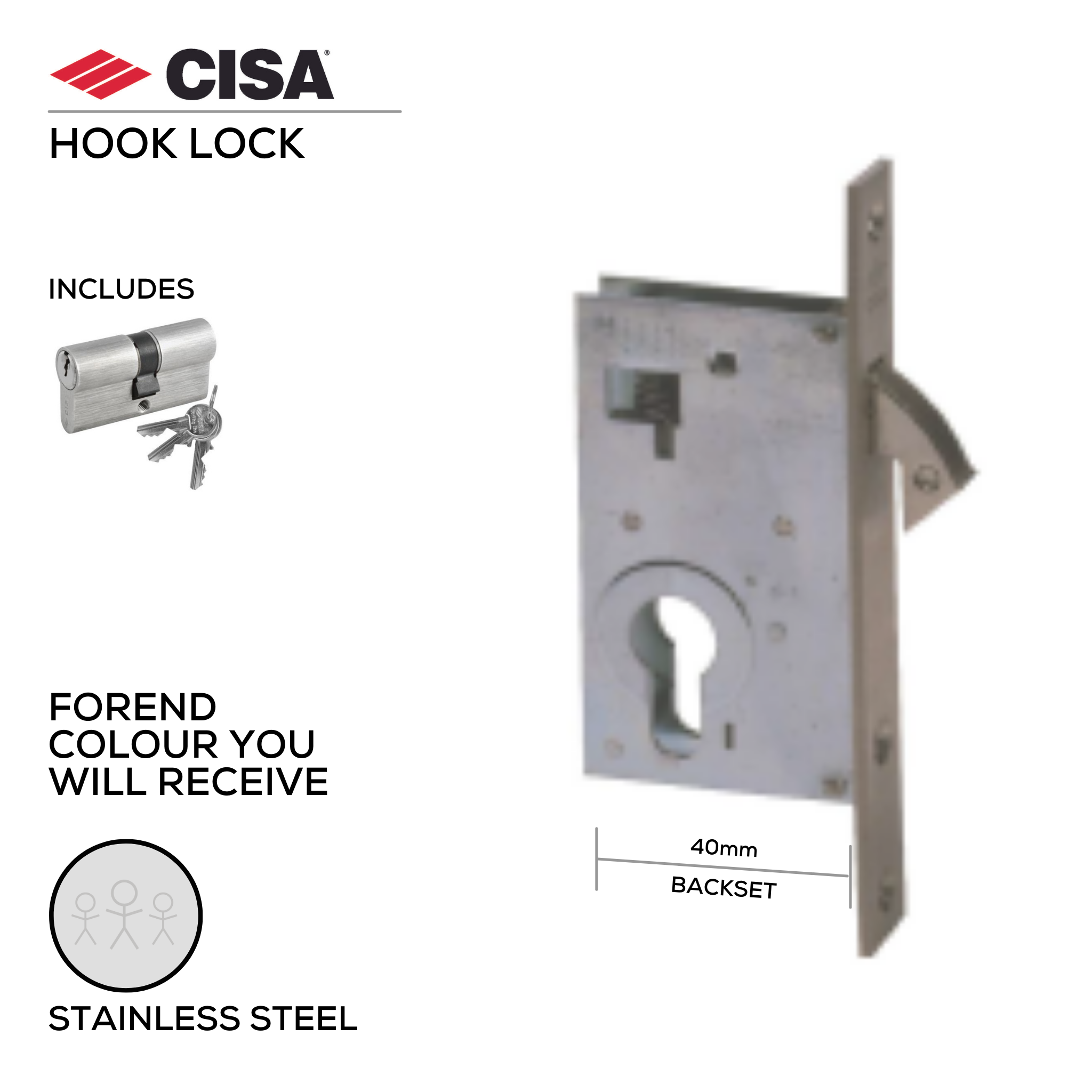 HL40-40-20_W/Cylinder, Hook Lock, Euro Cylinder, Including Cylinder, 08010-05-12, 40mm (Backset), Stainless Steel, CISA