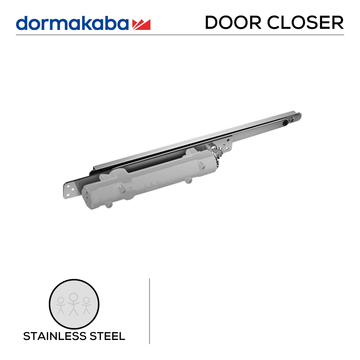 DORMAKABA Silver Door Closer for commercial doors, main product view with clean, clever, and ready to work, Up to 100kg, non hold open.
