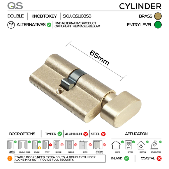 SALO Complete Knob PVD Lockset, Lever Handles, Form, On Round Rose, With Escutcheons, Satin Brass, Cylinder Sash Lock & Knob Cylinder Set, QS