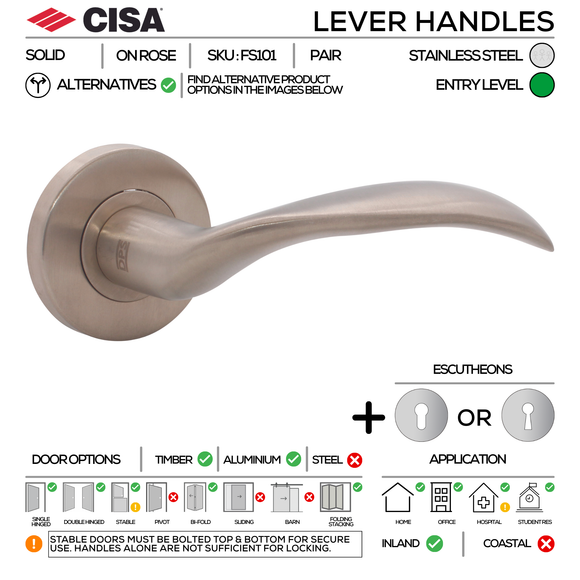 FS101 Complete Lockset 2SS, Lever Handles, Solid, On Round Rose, With Escutcheons, 137mm (l), Stainless Steel, Cylinder Sash Lock & Euro Cylinder Set, CISA