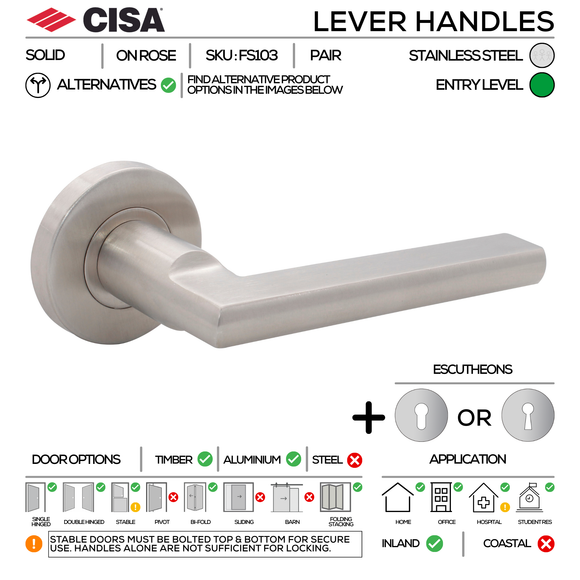 FS103 Complete Lockset 3SS, Lever Handles, Solid, On Round Rose, With Escutcheons, 137mm (l), Stainless Steel, Cylinder Sash Lock & Euro Cylinder Set, CISA