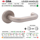 FT08 KNOB Complete Lockset 4SS, Lever Handles, Tubular, On Round Rose, With Escutcheons, 137mm (l), Stainless Steel, Sash Lock & Knob Cylinder Set, CISA-2
