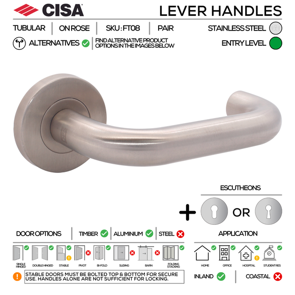 FT08 KNOB Complete Lockset 4SS, Lever Handles, Tubular, On Round Rose, With Escutcheons, 137mm (l), Stainless Steel, Sash Lock & Knob Cylinder Set, CISA
