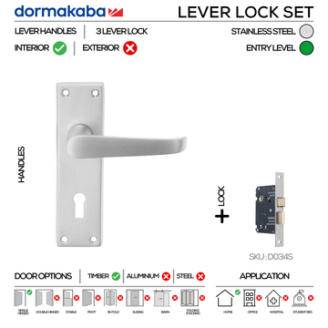CB 30 Lever Lockset , Lever Handles, Solid, On Plate, Satin Chrome, Sash Lock & Key Set, DORMAKABA