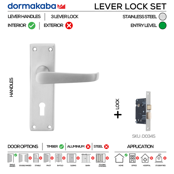 CB 30 Lever Lockset , Lever Handles, Solid, On Plate, Satin Chrome, Sash Lock & Key Set, DORMAKABA