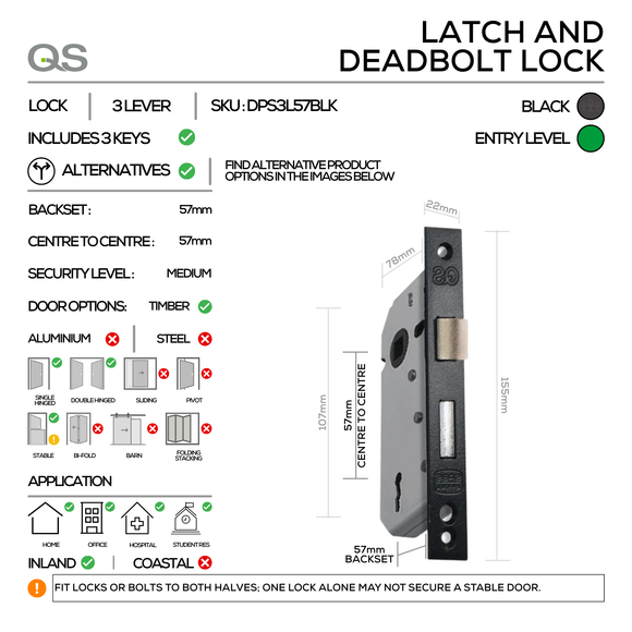 KRONE Complete Key Blk Lockset, Lever Handles, Form, On Round Rose, With Escutcheons, Black, 3 Lever Sash Lock, QS