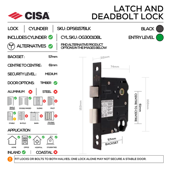 S106 Complete Lockset 1, Lever Handles, Hollow, On Round Rose, With Escutcheons, 137mm (l), Black, Cylinder Sash Lock & Euro Cylinder Set, CISA