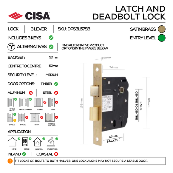 FT02 KEY Complete Lockset 7B, Lever Handles, Hollow, On Round Rose, With Escutcheons, 137mm (l), Satin Brass, 3L Sash Lock Set, CISA