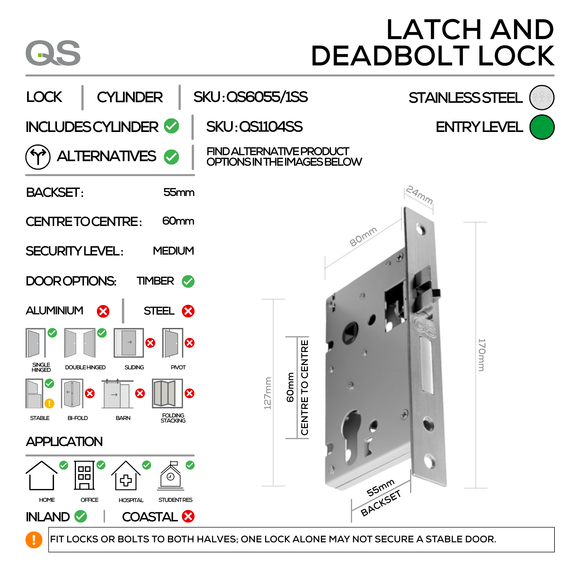 SAMBAVA Complete Lockset 1SS, Lever Handles, Tubular, On Round Rose, With Escutcheons, Stainless Steel, Cylinder Sash Lock & Euro Cylinder Set, QS