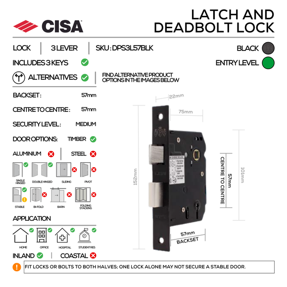 CISA Black Door Lock hardware detail; sharp modern attitude for a better door setup, 137mm (l).