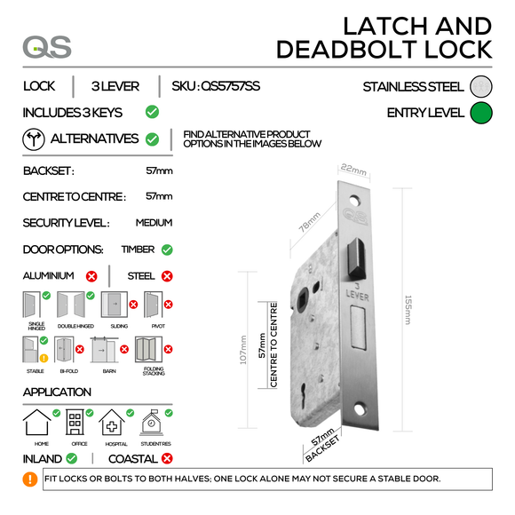 SAMBAVA Complete Key Lockset 7SS, Lever Handles, Tubular, On Round Rose, With Escutcheons, Stainless Steel, 3 Lever Sash Lock, QS