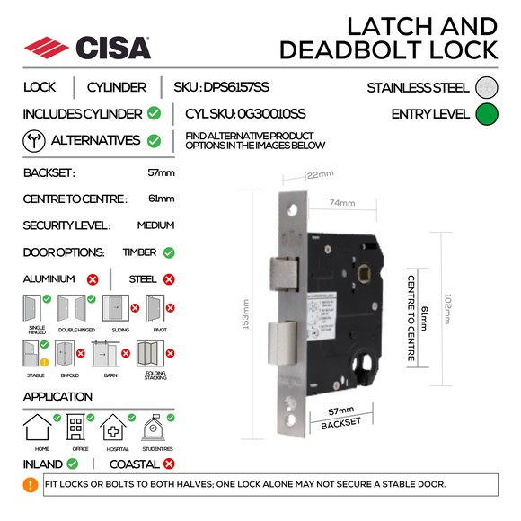 FT08 Complete Lockset 1SS, Lever Handles, Tubular, On Round Rose, With Escutcheons, 137mm (l), Stainless Steel, Cylinder Sash Lock & Euro Cylinder Set, CISA