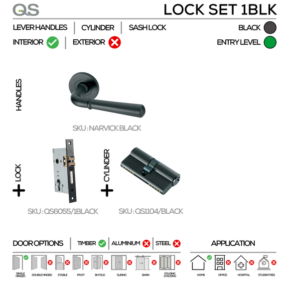 QS Black Cylinder Lock main product view for patio and sliding doors — bold black energy.