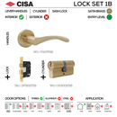 FS107 Complete Lockset 1B, Lever Handles, Tubular, On Round Rose, With Escutcheons, 137mm (l), Satin Brass, Cylinder Sash Lock & Euro Cylinder Set, CISA-1