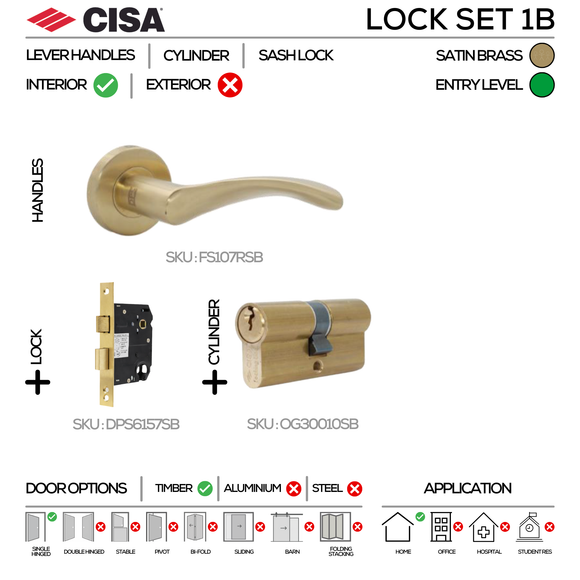 FS107 Complete Lockset 1B, Lever Handles, Tubular, On Round Rose, With Escutcheons, 137mm (l), Satin Brass, Cylinder Sash Lock & Euro Cylinder Set, CISA