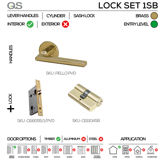PELLO Complete Euro PVD Lockset, Lever Handles, Form, On Round Rose, With Escutcheons, Satin Brass, Cylinder Sash Lock & Euro Cylinder Set, QS