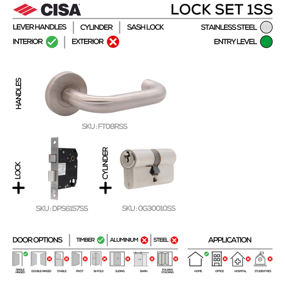 FT08 Complete Lockset 1SS, Lever Handles, Tubular, On Round Rose, With Escutcheons, 137mm (l), Stainless Steel, Cylinder Sash Lock & Euro Cylinder Set, CISA