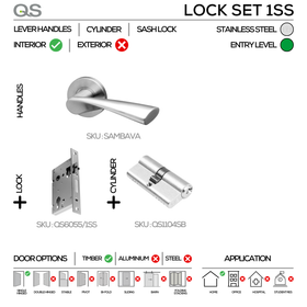 SAMBAVA Complete Lockset 1SS, Lever Handles, Tubular, On Round Rose, With Escutcheons, Stainless Steel, Cylinder Sash Lock & Euro Cylinder Set, QS