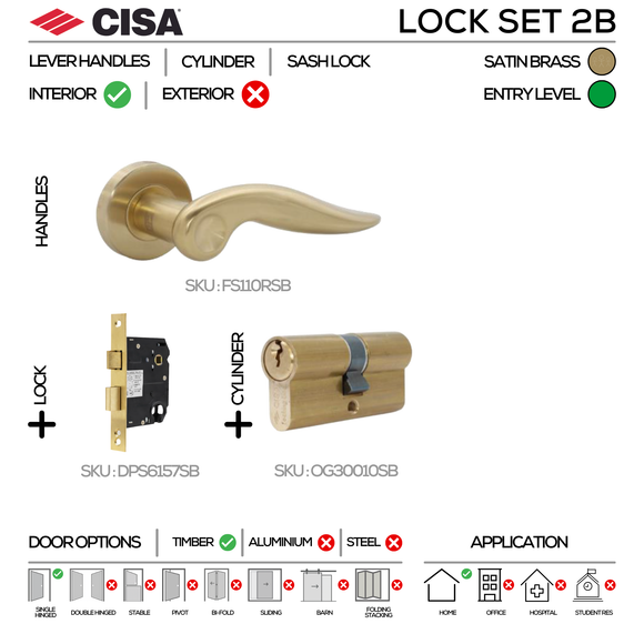 FS110 Complete Lockset 2B , Lever Handles, Hollow, On Round Rose, With Escutcheons, 137mm (l), Satin Brass, Cylinder Sash Lock & Euro Cylinder Set, CISA