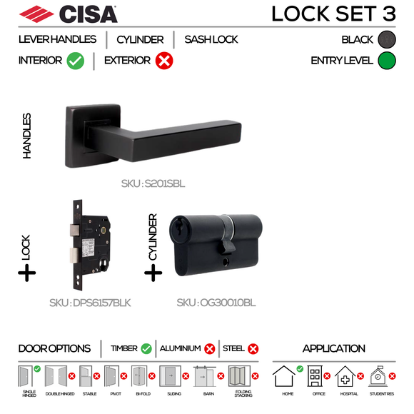S201 Complete Lockset 3, Lever Handles, Hollow, On Square Rose, With Escutcheons, 137mm (l), Black, Cylinder Sash Lock & Euro Cylinder Set, CISA