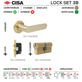 FS203 Complete Lockset 3B, Lever Handles, Hollow, On Round Rose, With Escutcheons, 137mm (l), Satin Brass, Cylinder Sash Lock & Euro Cylinder Set, CISA