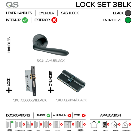 LAMU Complete Euro Blk Lockset, Lever Handles, Form, On Round Rose, With Escutcheons, Black, Cylinder Sash Lock & Euro Cylinder Set, QS