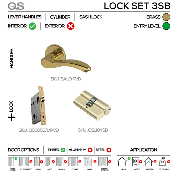 SALO Complete Euro PVD Lockset, Lever Handles, Form, On Round Rose, With Escutcheons, Satin Brass, Cylinder Sash Lock & Euro Cylinder Set, QS