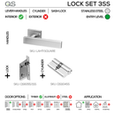 LAHTI Complete Lockset 3SS, Lever Handles, Square, On Square Rose, With Escutcheons, Stainless Steel, Cylinder Sash Lock & Euro Cylinder Set, QS-1