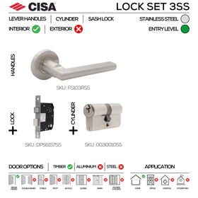 FS103 Complete Lockset 3SS, Lever Handles, Solid, On Round Rose, With Escutcheons, 137mm (l), Stainless Steel, Cylinder Sash Lock & Euro Cylinder Set, CISA