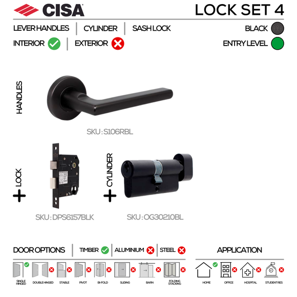 S106 KNOB Complete Lockset 4, Lever Handles, Hollow, On Round Rose, With Escutcheons, 137mm (l), Black, Sash Lock & Knob Cylinder Set, CISA