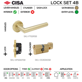 FT02 KNOB Complete Lockset 4B, Lever Handles, Tubular, On Round Rose, With Escutcheons, 137mm (l), Satin Brass, Sash Lock & Knob Cylinder Set, CISA