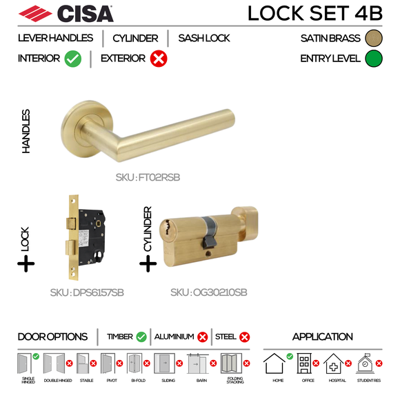 FT02 KNOB Complete Lockset 4B, Lever Handles, Tubular, On Round Rose, With Escutcheons, 137mm (l), Satin Brass, Sash Lock & Knob Cylinder Set, CISA