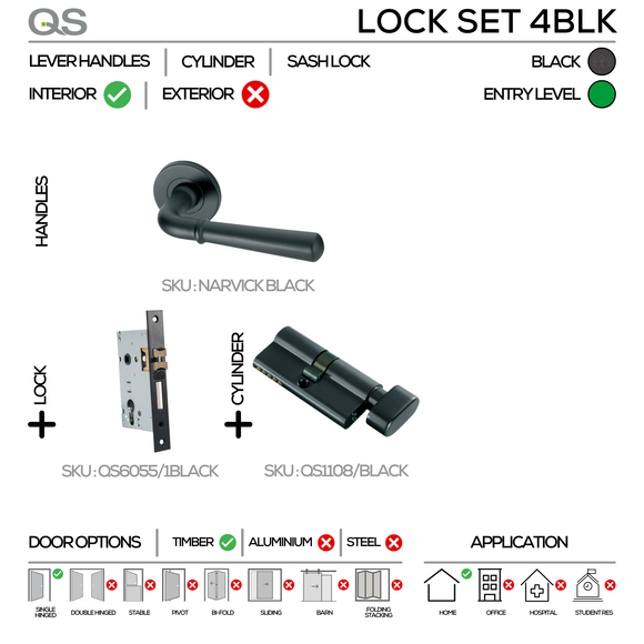 NARVICK Complete Knob Blk Lockset, Lever Handles, Solid, On Round Rose, With Escutcheons, Black, Cylinder Sash Lock & Knob Cylinder Set, QS