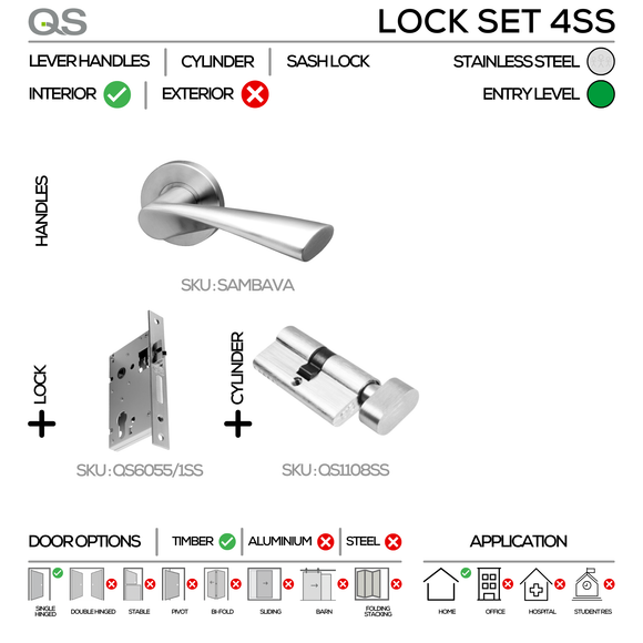SAMBAVA Complete Lockset 4SS, Lever Handles, Tubular, On Round Rose, With Escutcheons, Stainless Steel, Cylinder Sash Lock & Knob Cylinder Set, QS