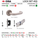 FT08 KNOB Complete Lockset 4SS, Lever Handles, Tubular, On Round Rose, With Escutcheons, 137mm (l), Stainless Steel, Sash Lock & Knob Cylinder Set, CISA-1