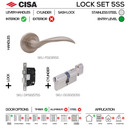 FS101 KNOB Complete Lockset 5SS, Lever Handles, Solid, On Round Rose, With Escutcheons, 137mm (l), Stainless Steel, Sash Lock & Knob Cylinder Set, CISA-1