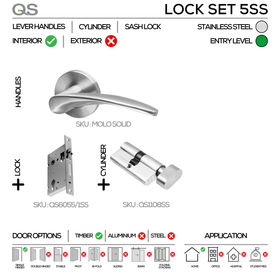 MOLO Complete Lockset 5SS, Lever Handles, Solid, On Round Rose, With Escutcheons, Stainless Steel, Cylinder Sash Lock & Knob Cylinder Set, QS