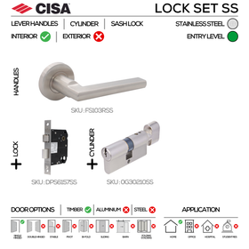 FS103 KNOB Complete Lockset 6SS, Lever Handles, Solid, On Round Rose, With Escutcheons, 137mm (l), Stainless Steel, Sash Lock & Knob Cylinder Set, CISA