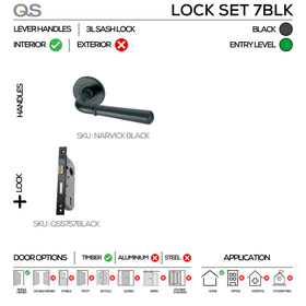 NARVICK Complete Key Blk Lockset, Lever Handles, Solid, On Round Rose, With Escutcheons, Black, 3 Lever Sash Lock, QS