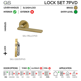 Main product view of QS Satin Brass Door Lock, made for patio and sliding doors with solid brass style.