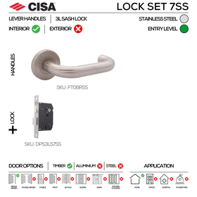 FT08 KEY Complete Lockset 7SS, Lever Handles, Tubular, On Round Rose, With Escutcheons, 137mm (l), Stainless Steel, 3L Sash Lock Set, CISA