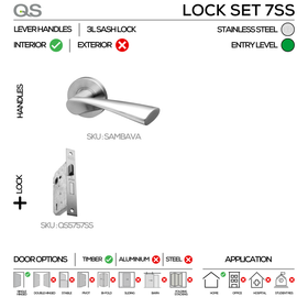 SAMBAVA Complete Key Lockset 7SS, Lever Handles, Tubular, On Round Rose, With Escutcheons, Stainless Steel, 3 Lever Sash Lock, QS