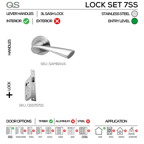 SAMBAVA Complete Key Lockset 7SS, Lever Handles, Tubular, On Round Rose, With Escutcheons, Stainless Steel, 3 Lever Sash Lock, QS