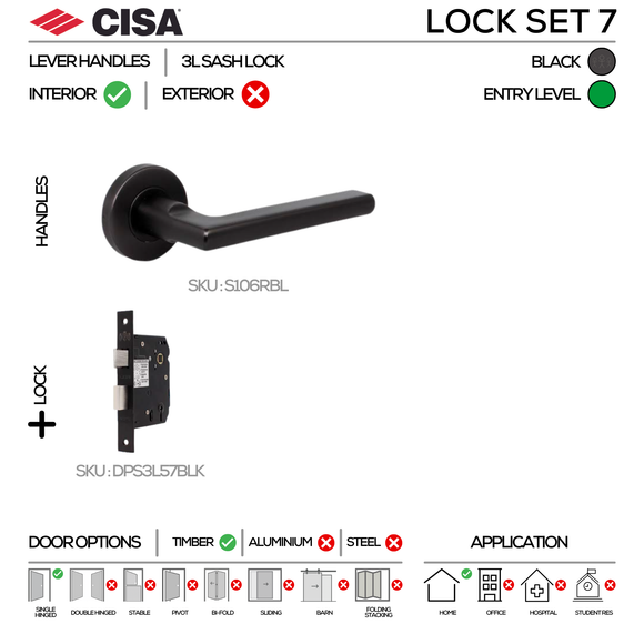 CISA Black Door Lock for patio and sliding doors, main product view with bold black energy, 137mm (l).