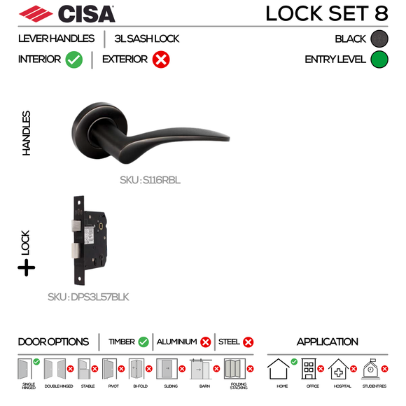 CISA Black Door Lock main product view for patio and sliding doors — bold black energy, 137mm (l).
